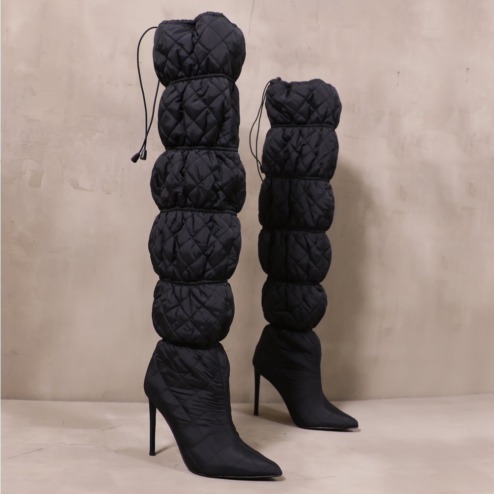 NWT Black Knee High Heel Puffer Boot